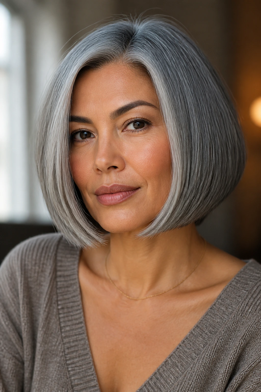 Close-up of a real person with grey hair in a blunt bob framing the face