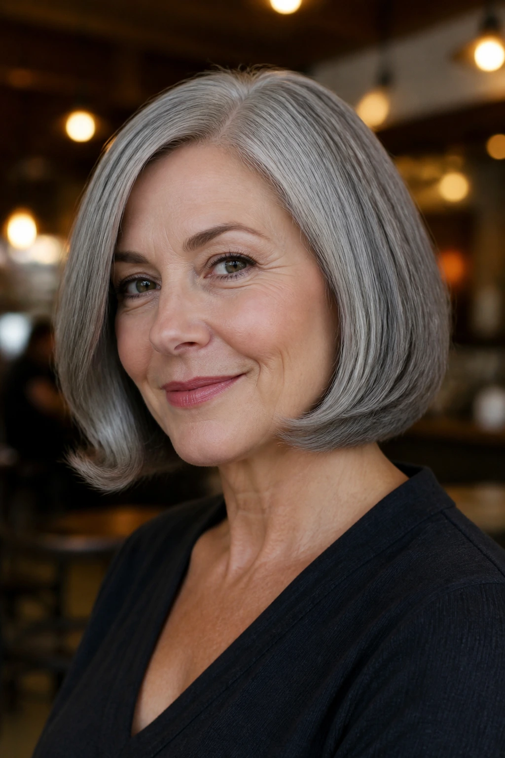 Close-up portrait of a real woman with grey retro flipped-end bob in warm lighting