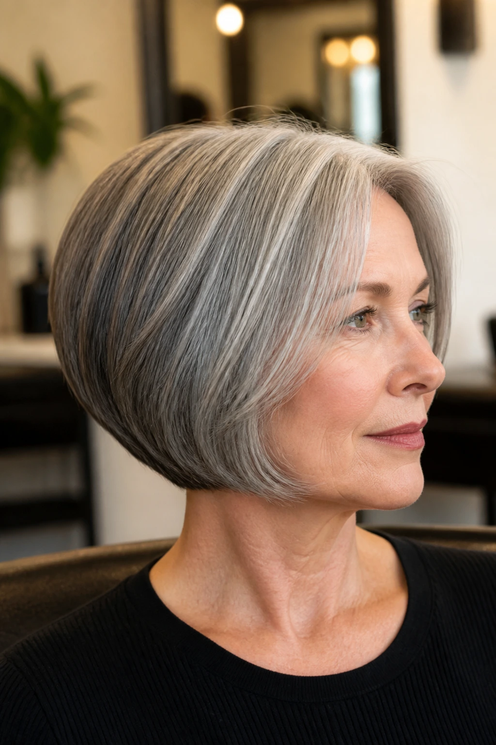 Close-up portrait of real woman with hidden-layer graduated grey bob showing lift