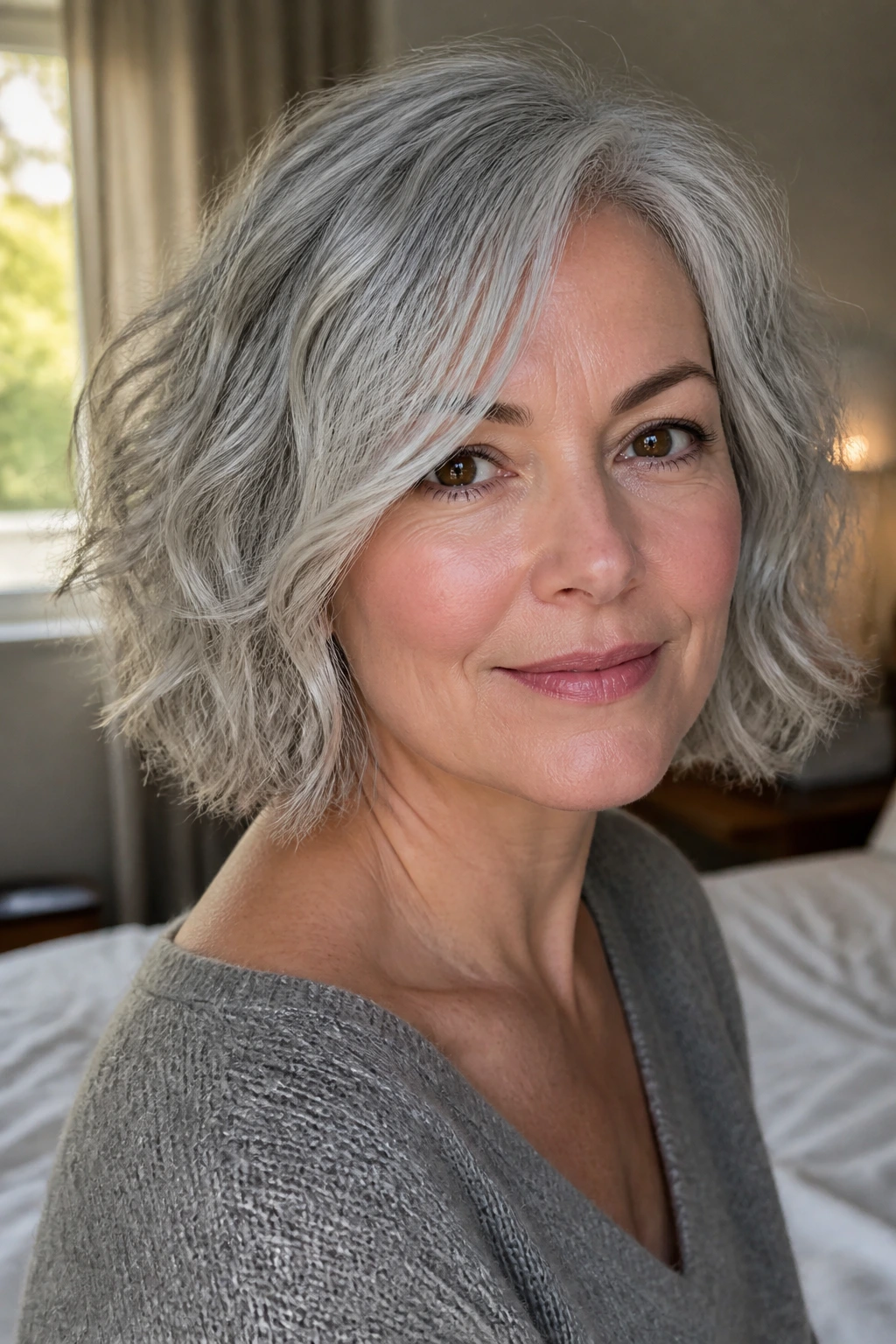 Close-up portrait of a real woman with grey tousled air-dry bob in a softly lit bedroom