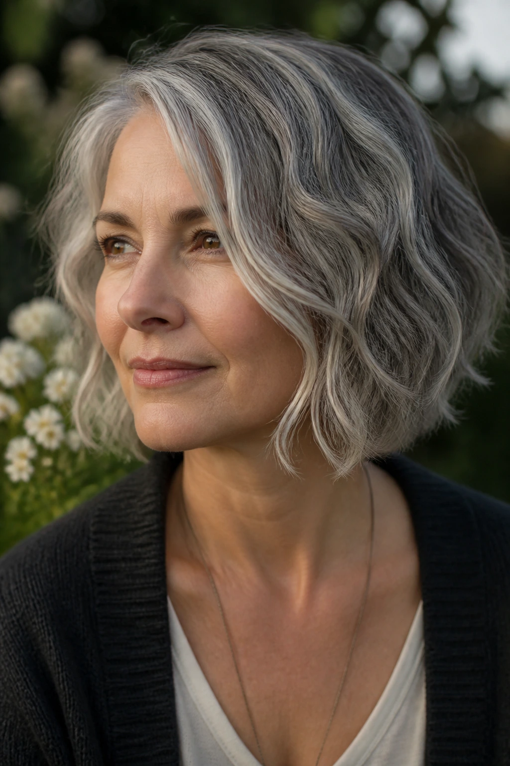Close-up portrait of real woman with natural wave salt-gray bob in diffused outdoor light