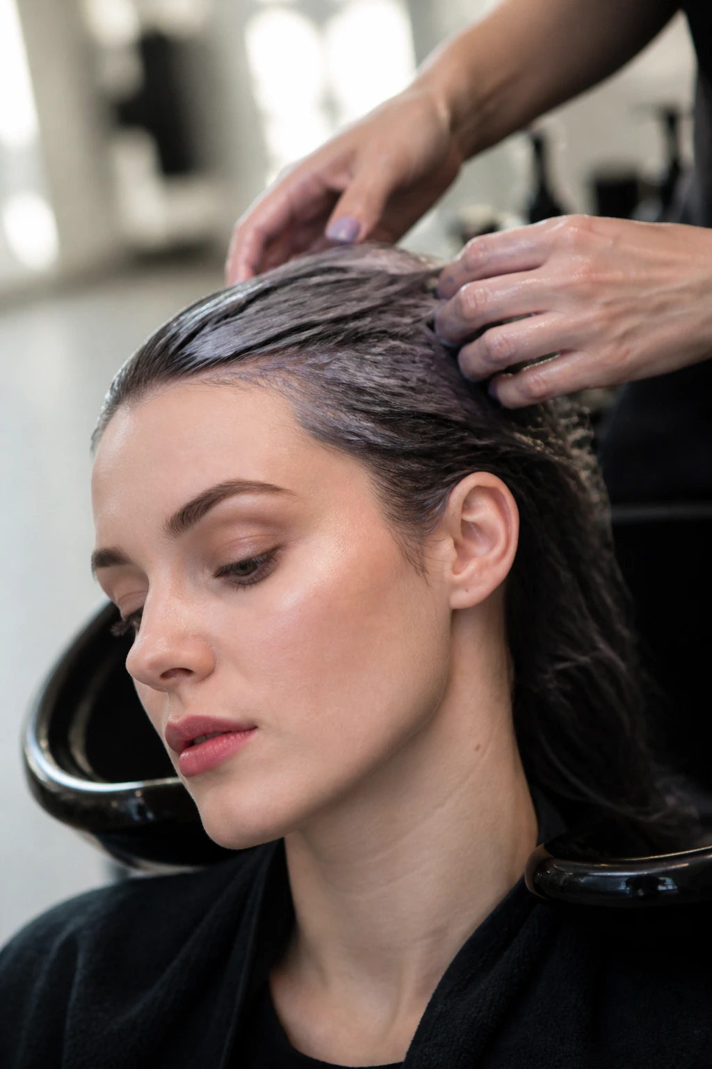 Close-up of a real person with damp dark grey hair during a wash and toning session in a salon.