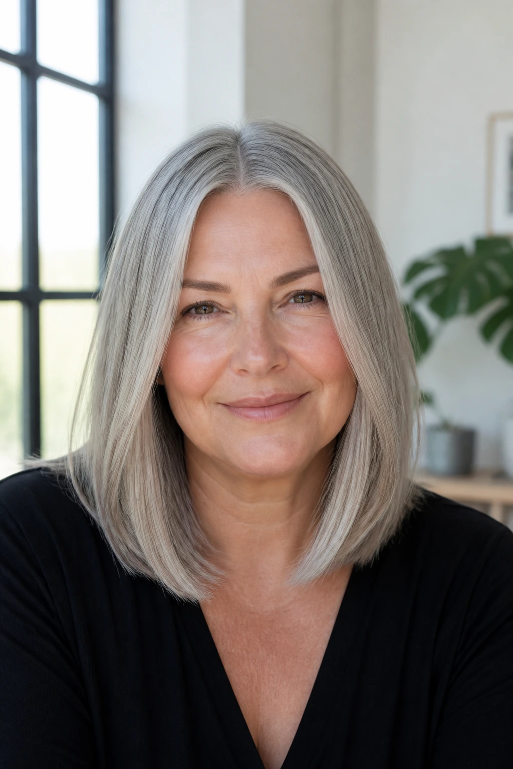 Close-up portrait of real woman with long center-part grey lob in bright room