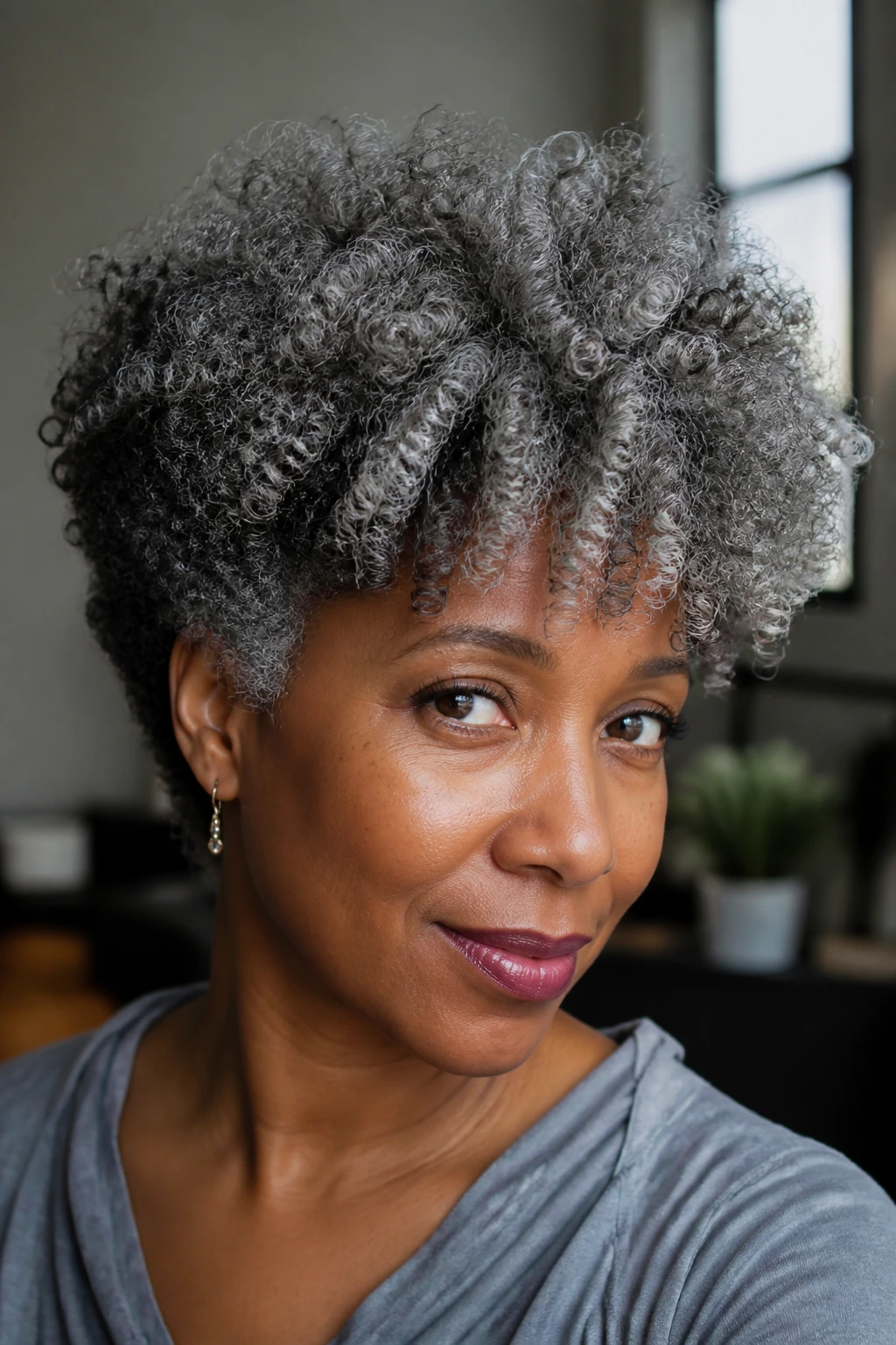 Close-up of textured natural hair with grey lowlights integrated in coils
