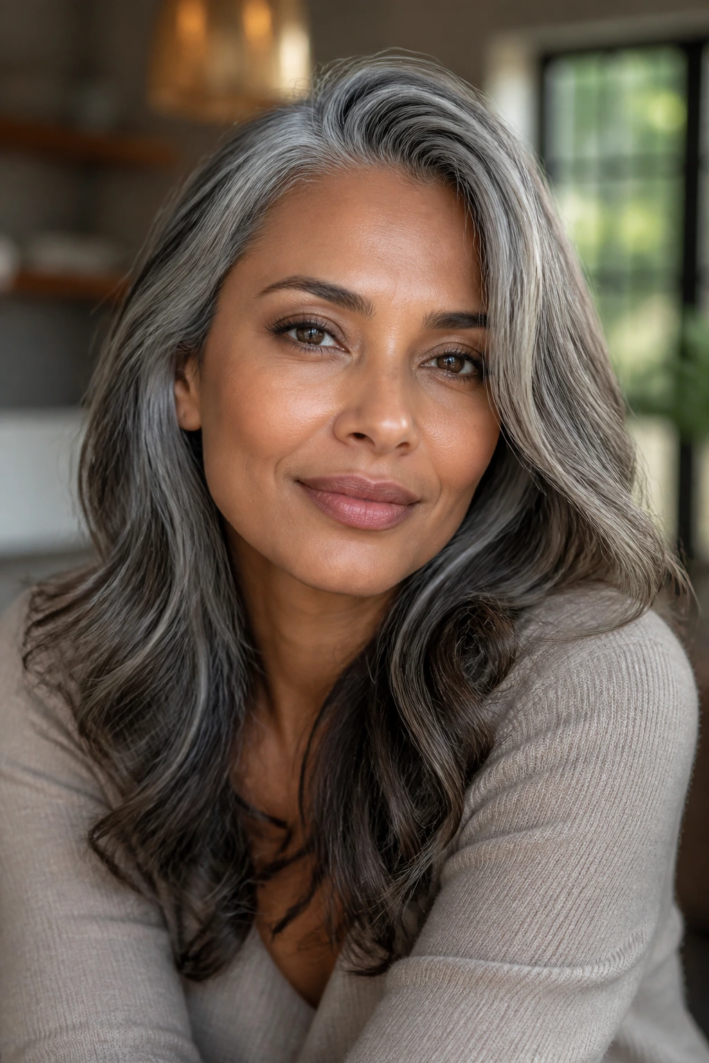 Close-up of grey hair on a real person with medium skin tone