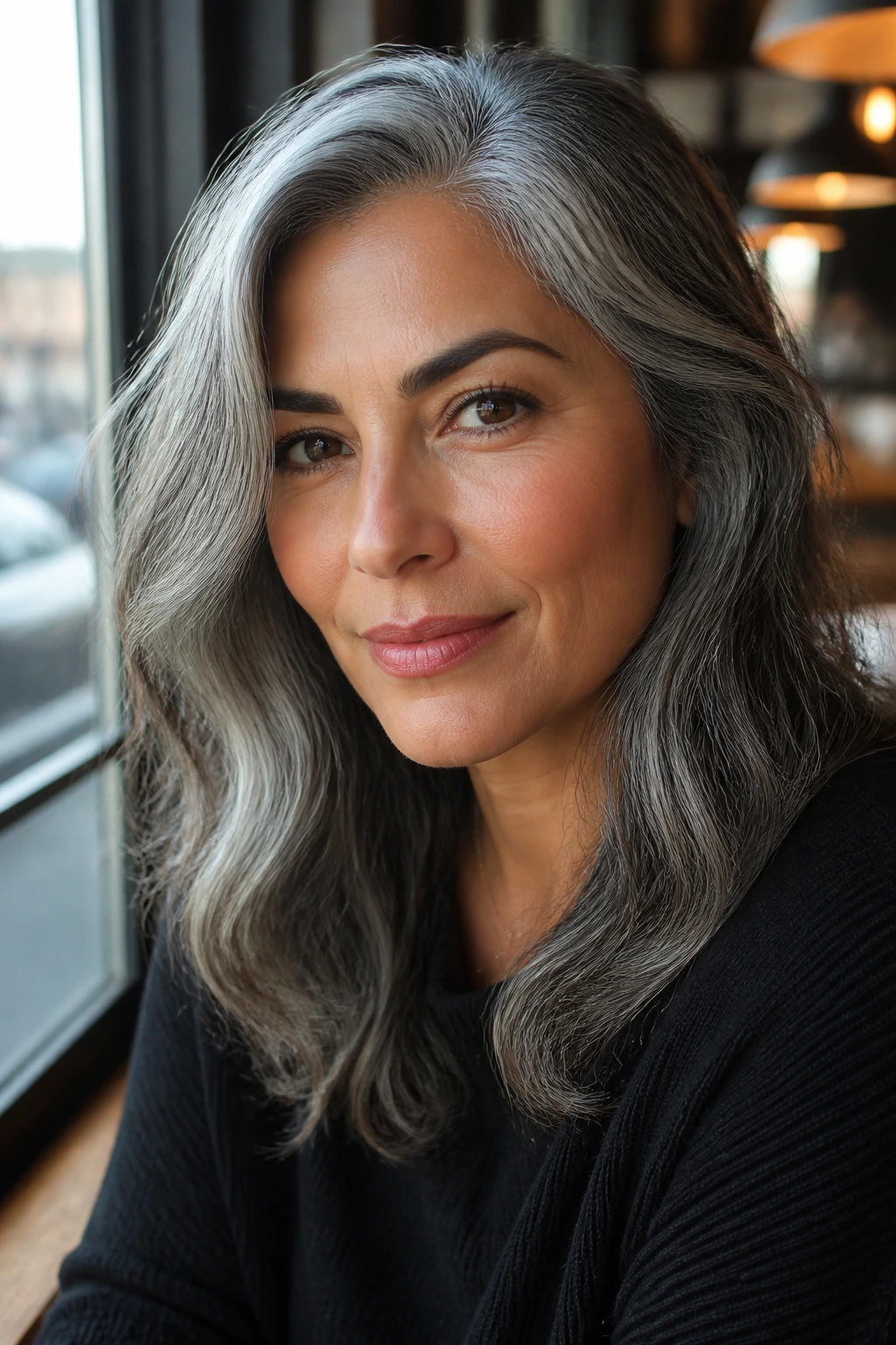 Smiling person with soft grey waves by a sunlit cafe window