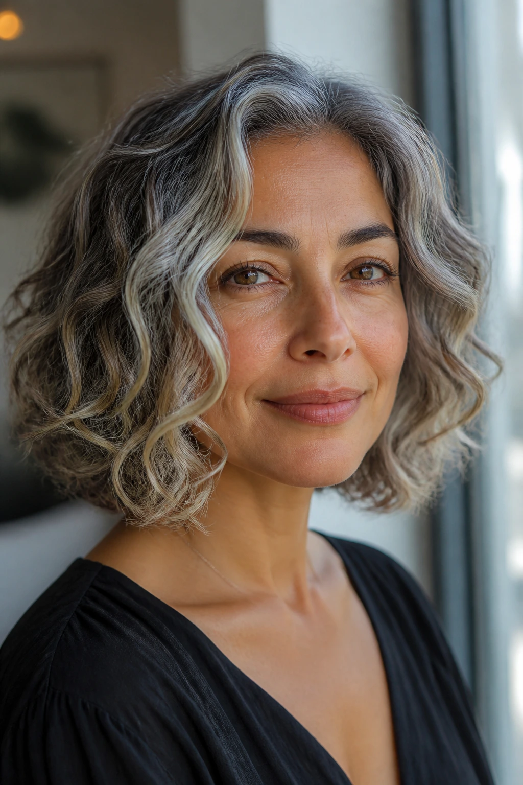 Close-up of a real woman with olive skin displaying a multidimensional grey hairstyle with warm greige and mushroom tones.