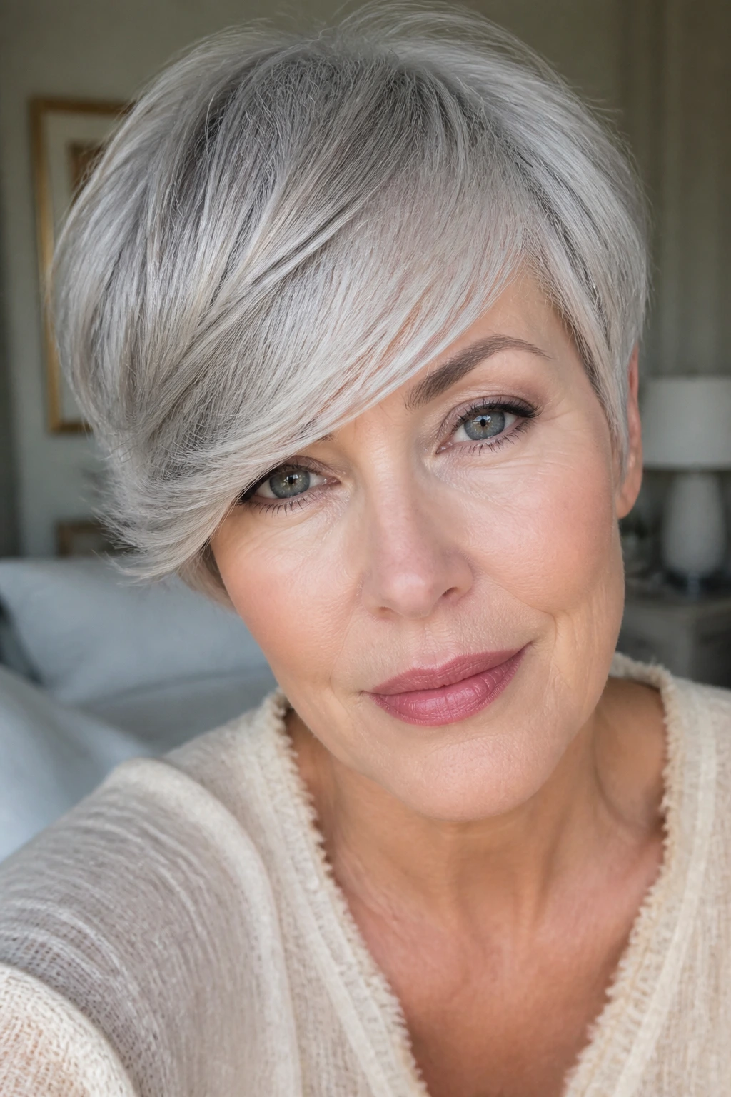 Portrait of a real woman with pale skin and silver-grey side-swept bangs highlighting face-framing geometry