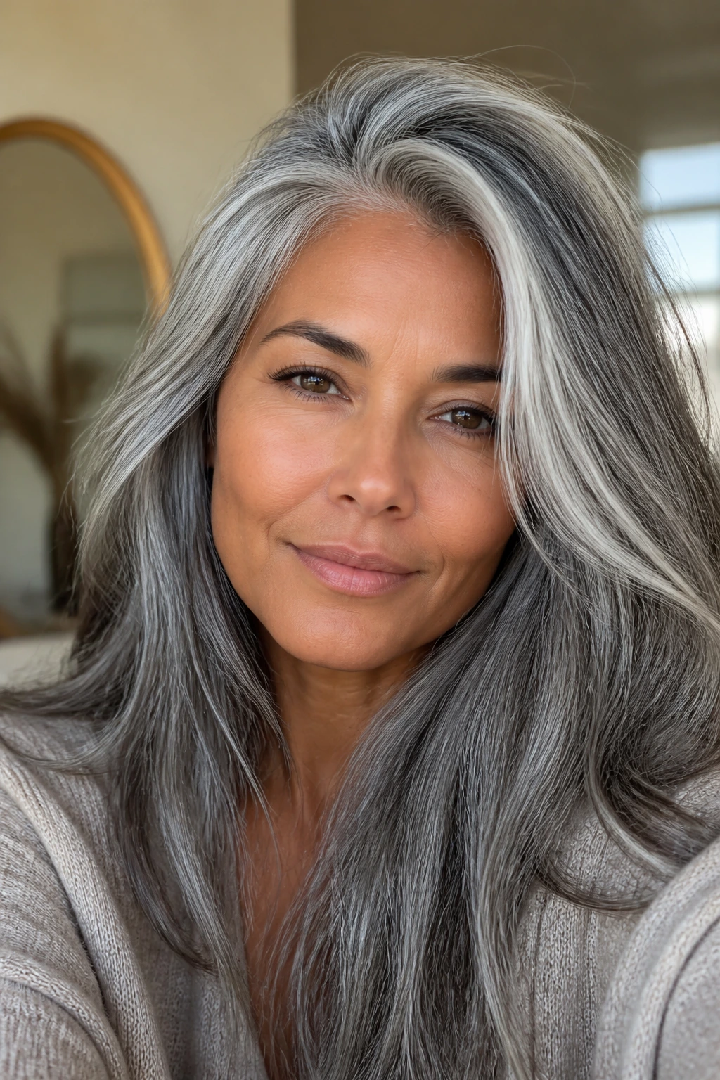 Portrait of a real woman with medium skin and silver-grey hair under warm window light