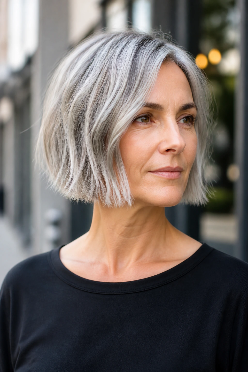 Close-up portrait of real woman with piecey razor-edge grey bob showing texture
