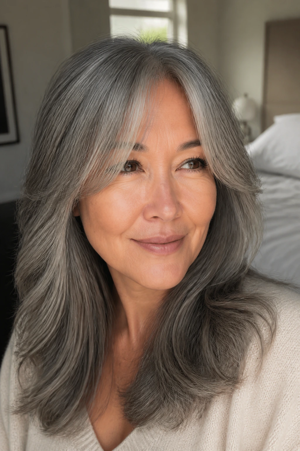 Close-up portrait of a real person with glossy grey hair and soft lighting