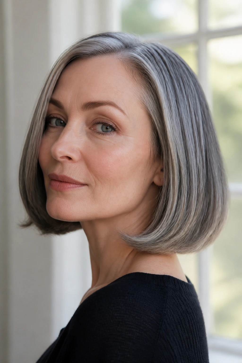 Close-up of a real woman with a sleek grey bob showing a crisp glossy finish