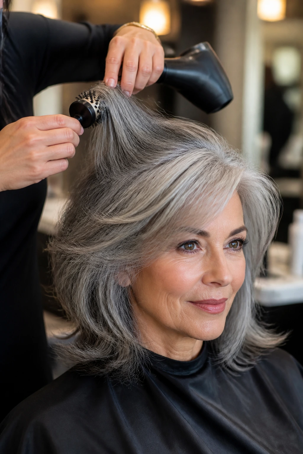 Hands of a stylist styling a real client's grey layered hair with a round brush in a modern salon