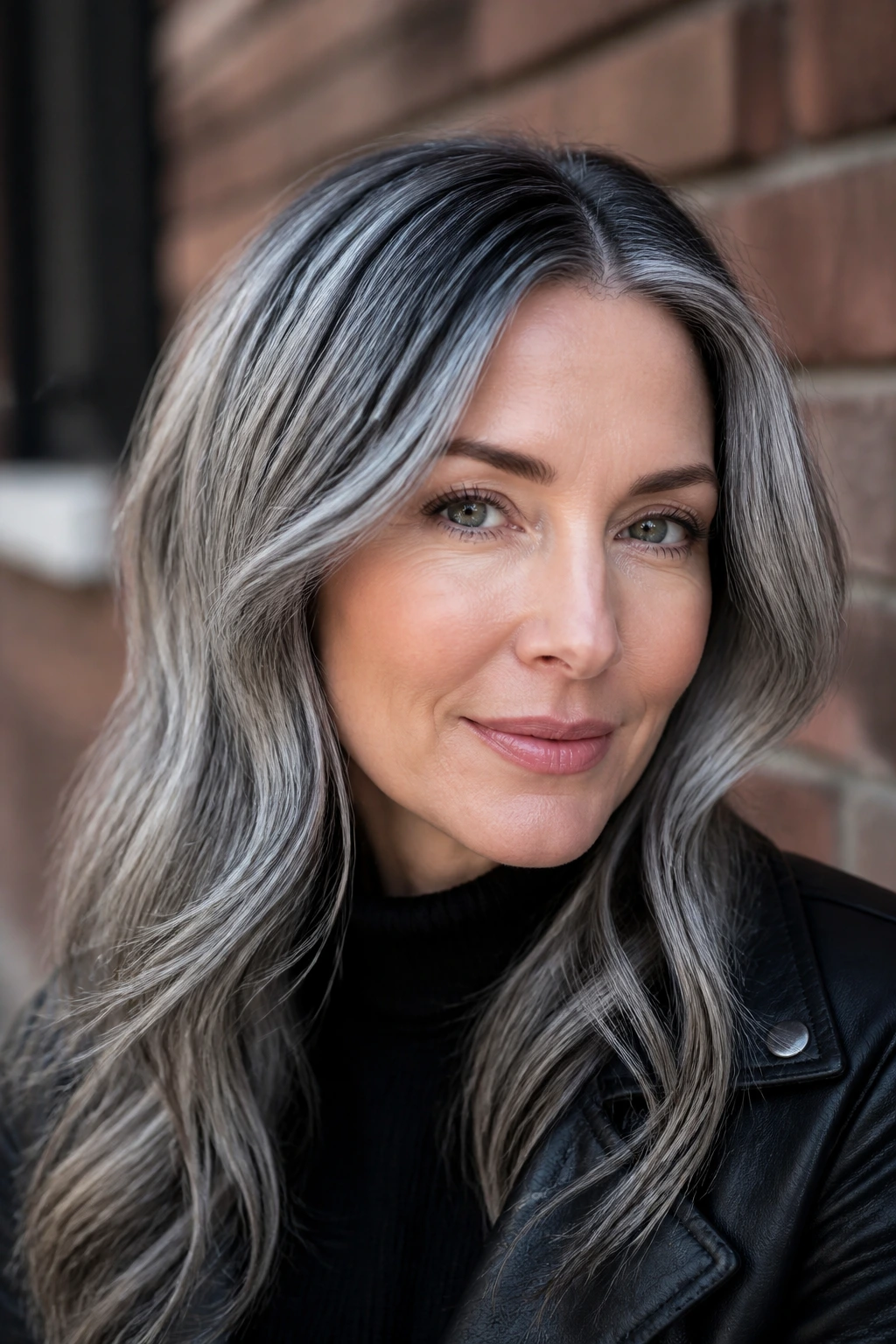 Close-up of a person with ash-grey hair featuring ribbons of grey
