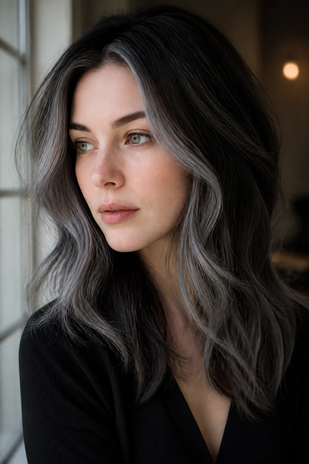 Portrait of multi-tonal dark grey hair with a brighter face-framing piece