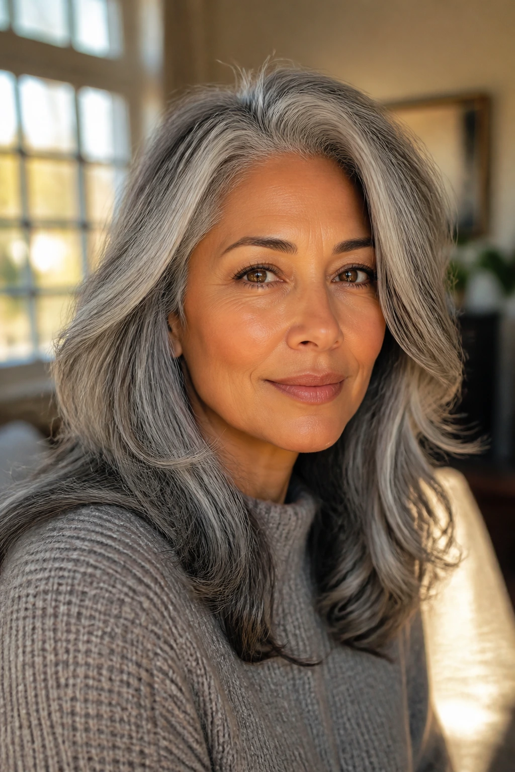 Close-up of grey hair on a real person with warm golden skin in soft window light