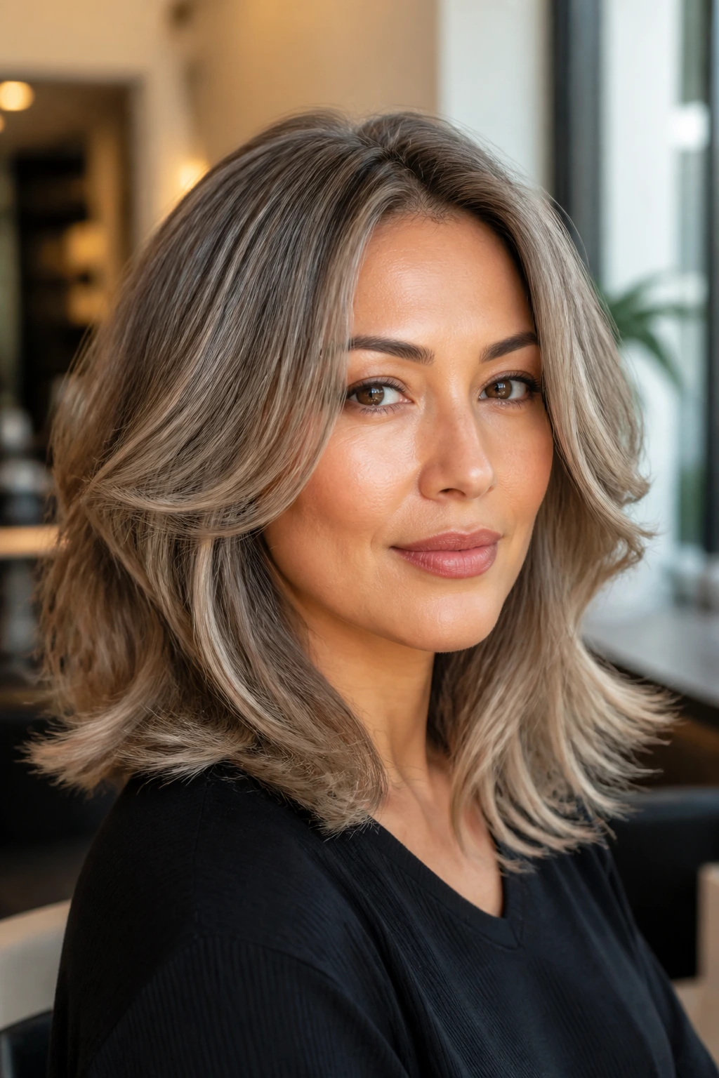 Close-up portrait of a woman with mushroom-grey hair flattering warm skin tones in soft natural light