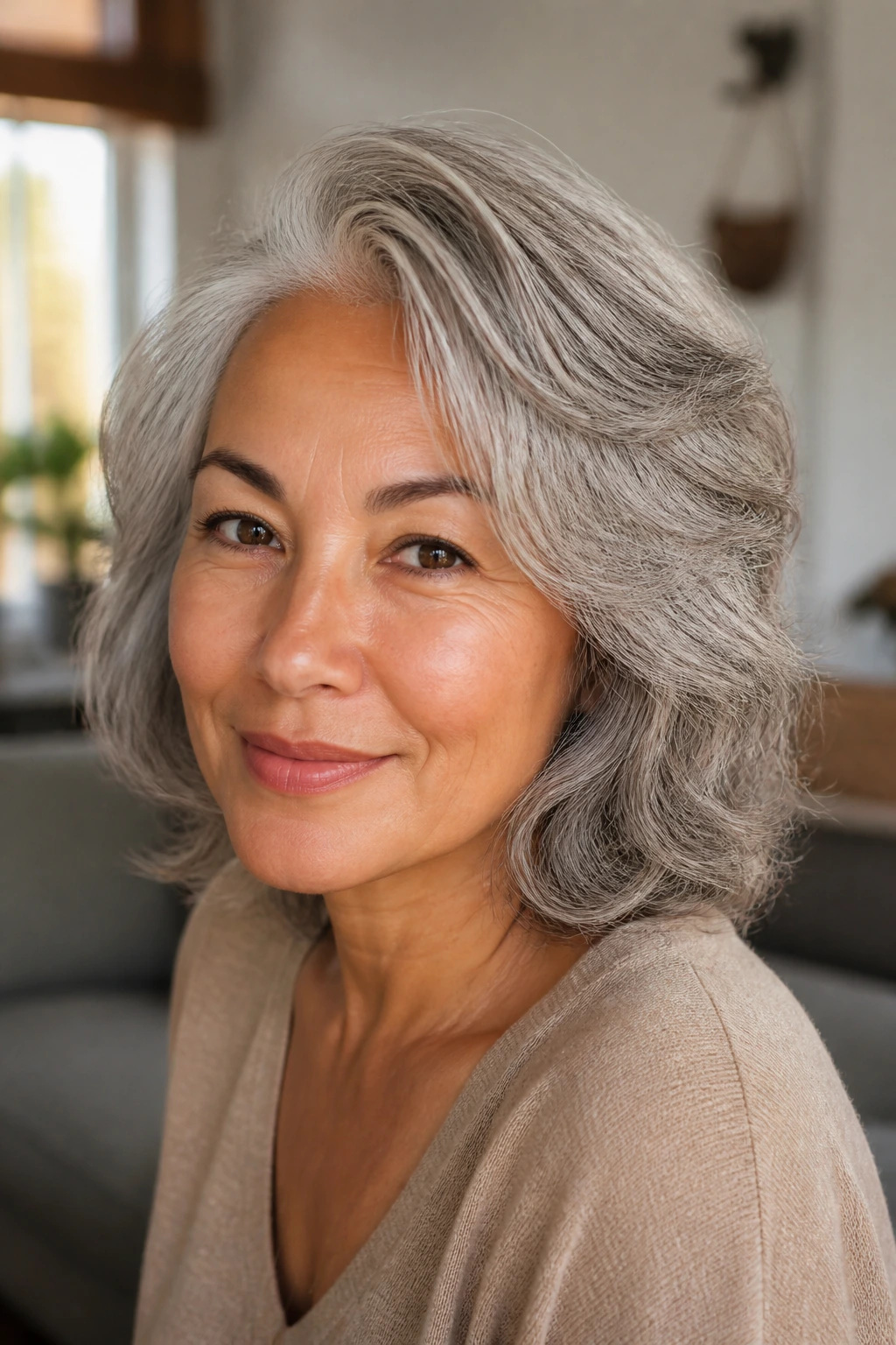 Close-up portrait of a warm-skinned person with softly styled grey hair