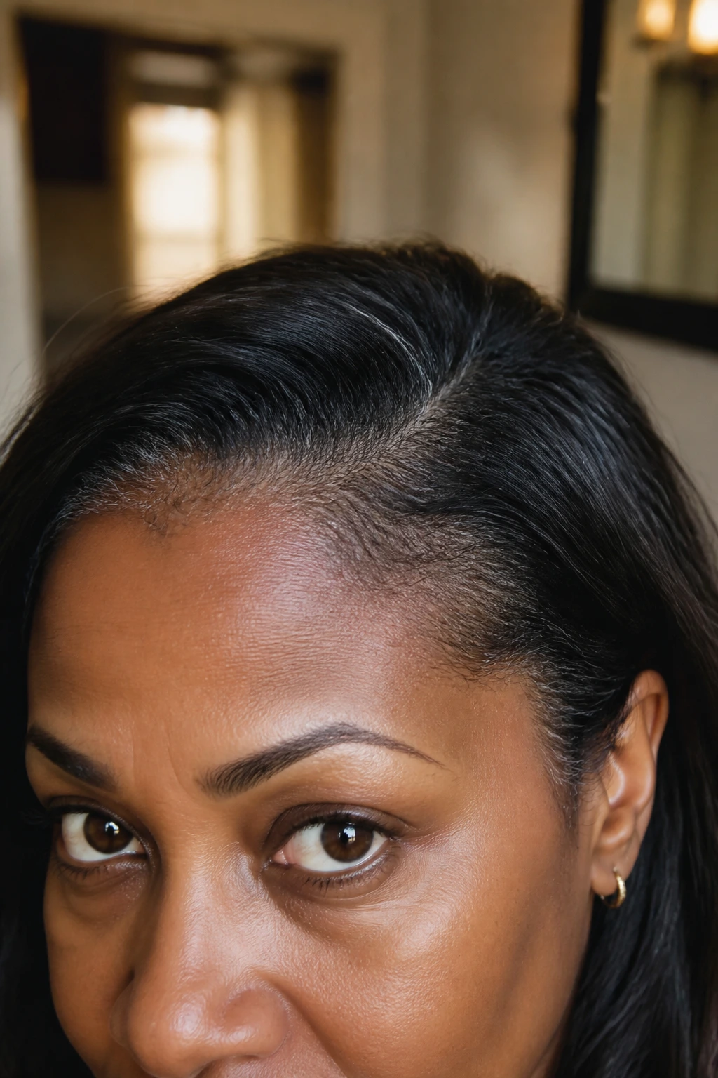 Close-up of a deep-skinned woman's hairline with harsh grey contrast from overly dark roots