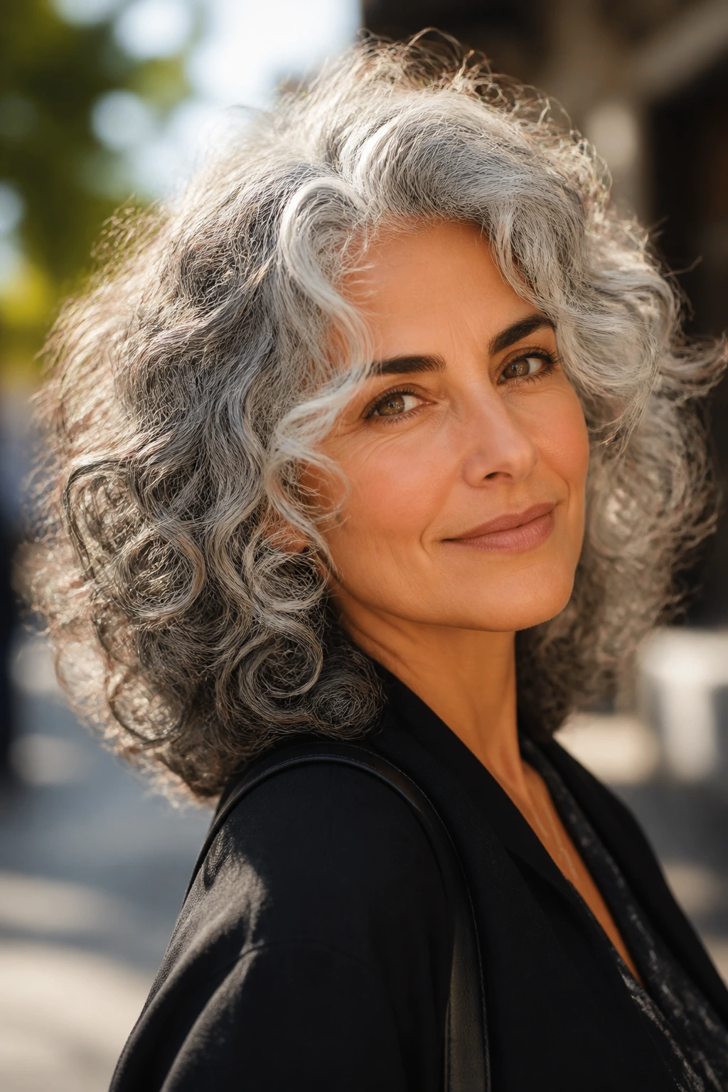 Olive-skinned person with grey halo curls and soft layers, halo at crown brightening the face
