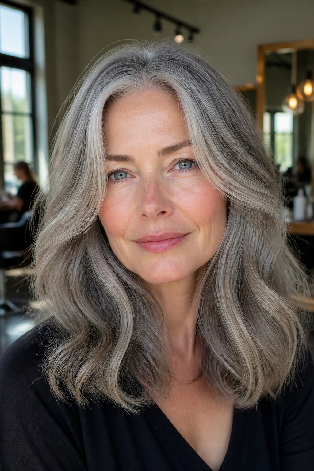 Close-up portrait of a real woman with glossy grey highlights and soft waves.