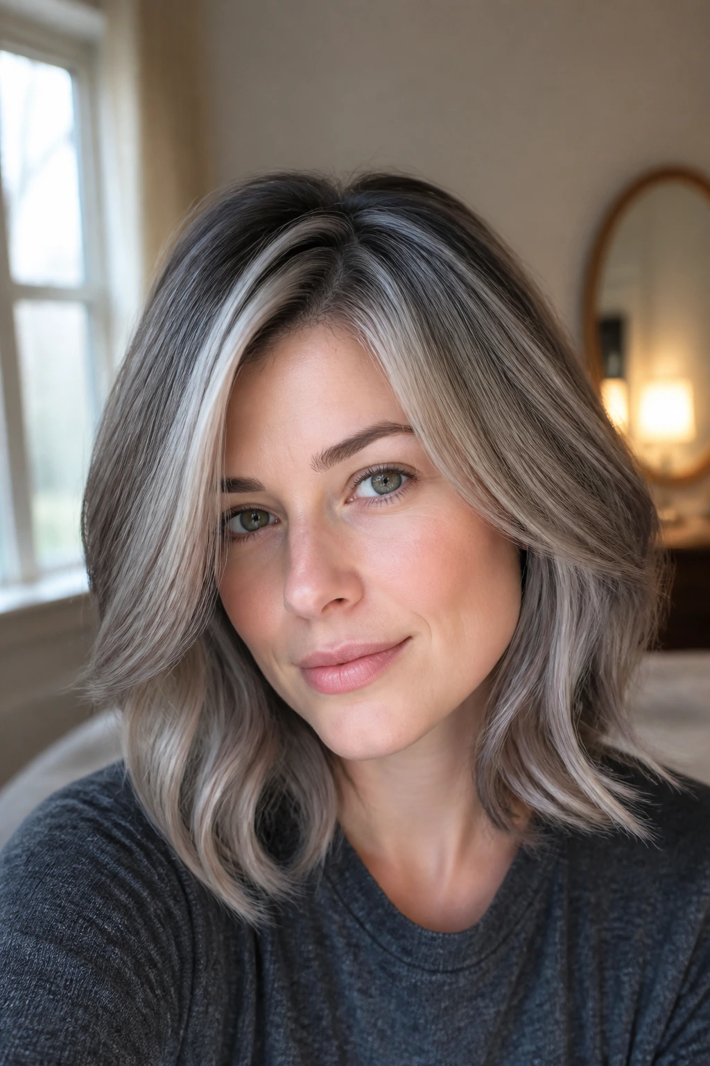 Portrait showing grey highlights softly framing the jawline