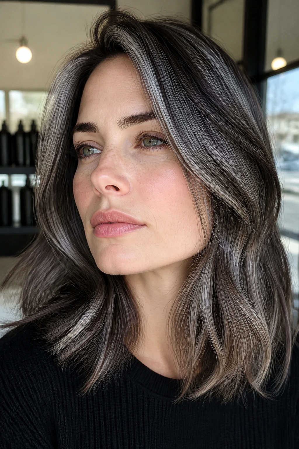 Close-up portrait of a pale-skinned woman with cool-toned grey highlights and a square jaw.