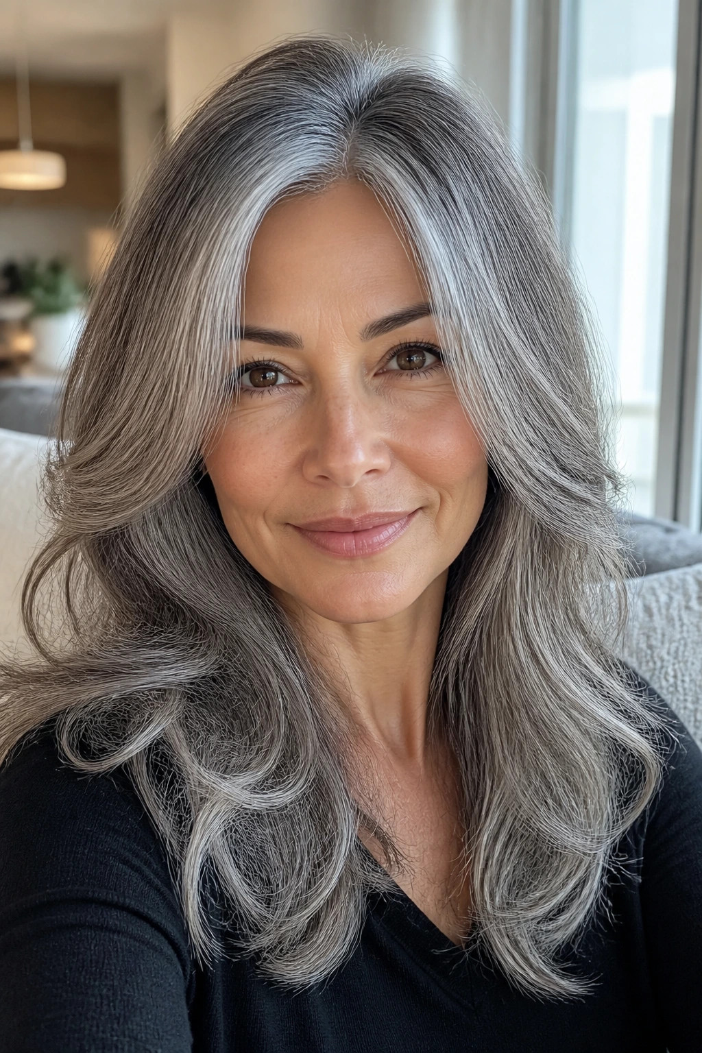 Portrait of a real woman with soft-layered grey hair and a glow in natural light
