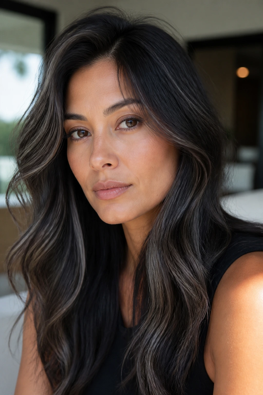 Close-up portrait of a real woman with dark brown hair and grey lowlights demonstrating defined shade in daylight.