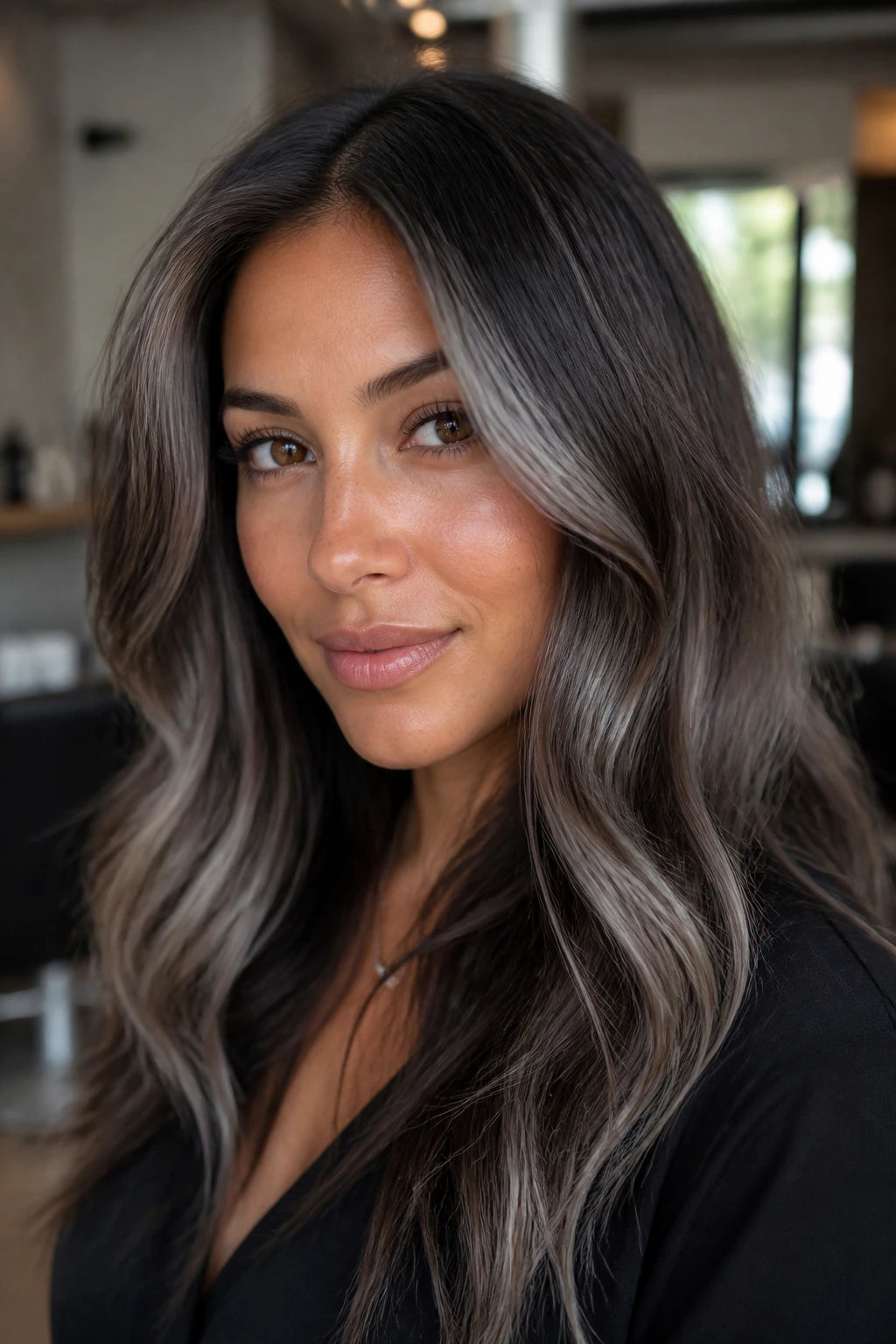 Close-up of tan-skinned person with dark brown hair and smoky grey lowlights