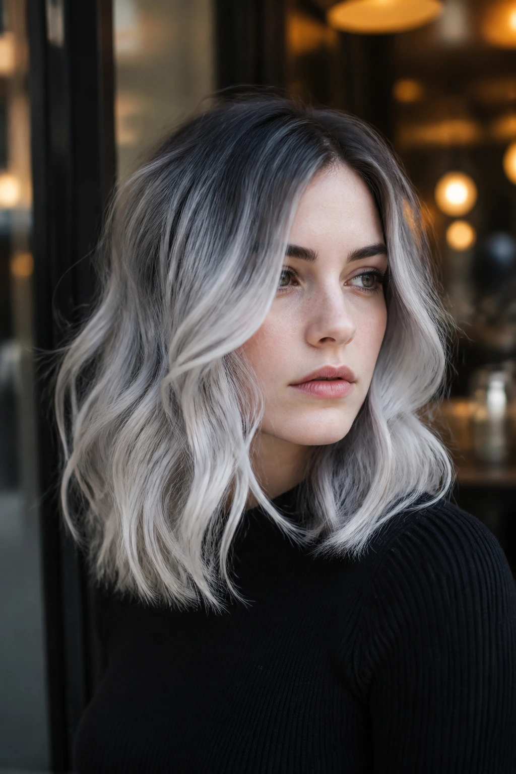 Portrait of a real person with grey ombré hair and loose ends