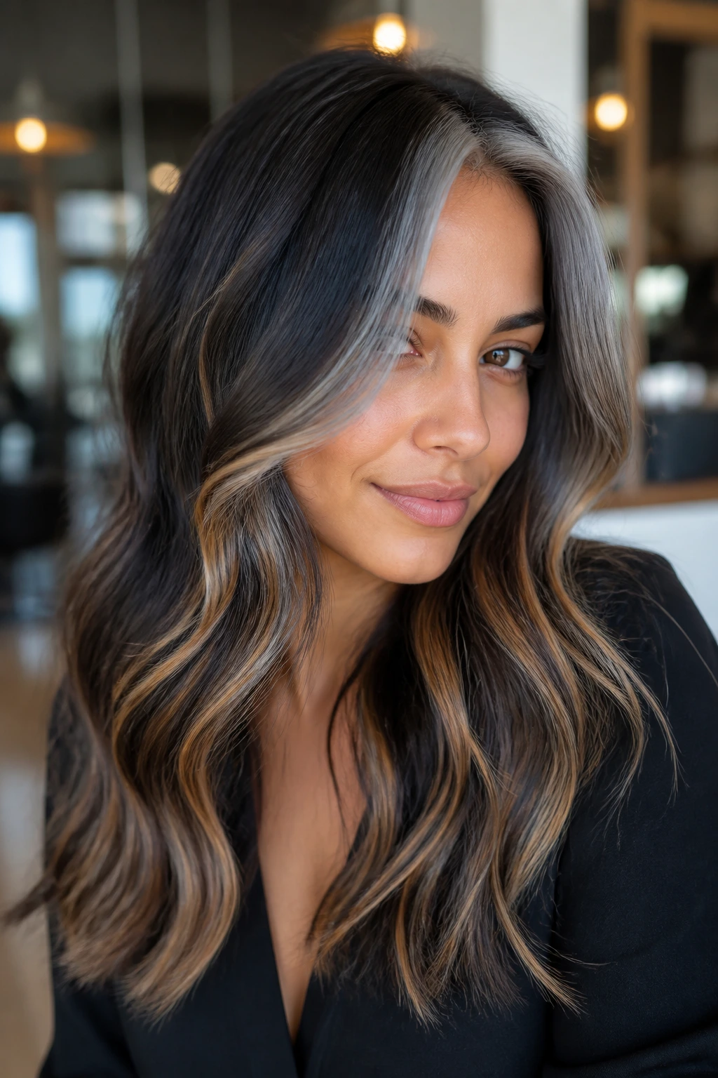 Close-up of dark hair showing strategic grey front panel and caramel ribbons for color placement