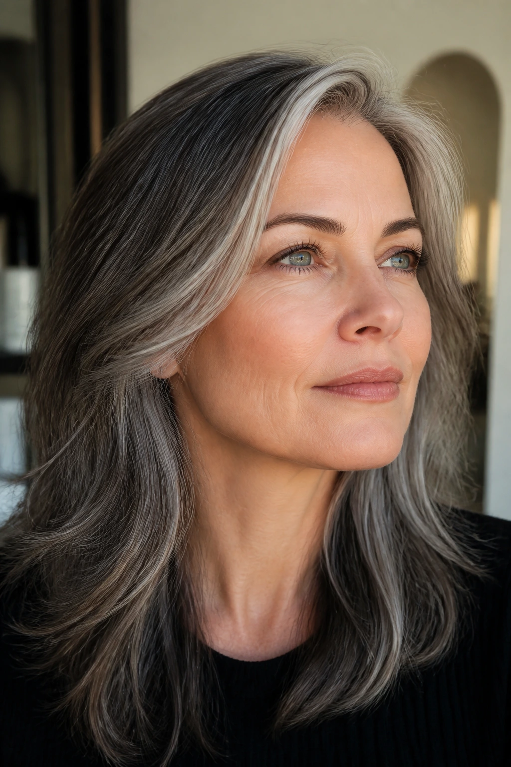 Portrait showing strategic grey placement on temples and jawline
