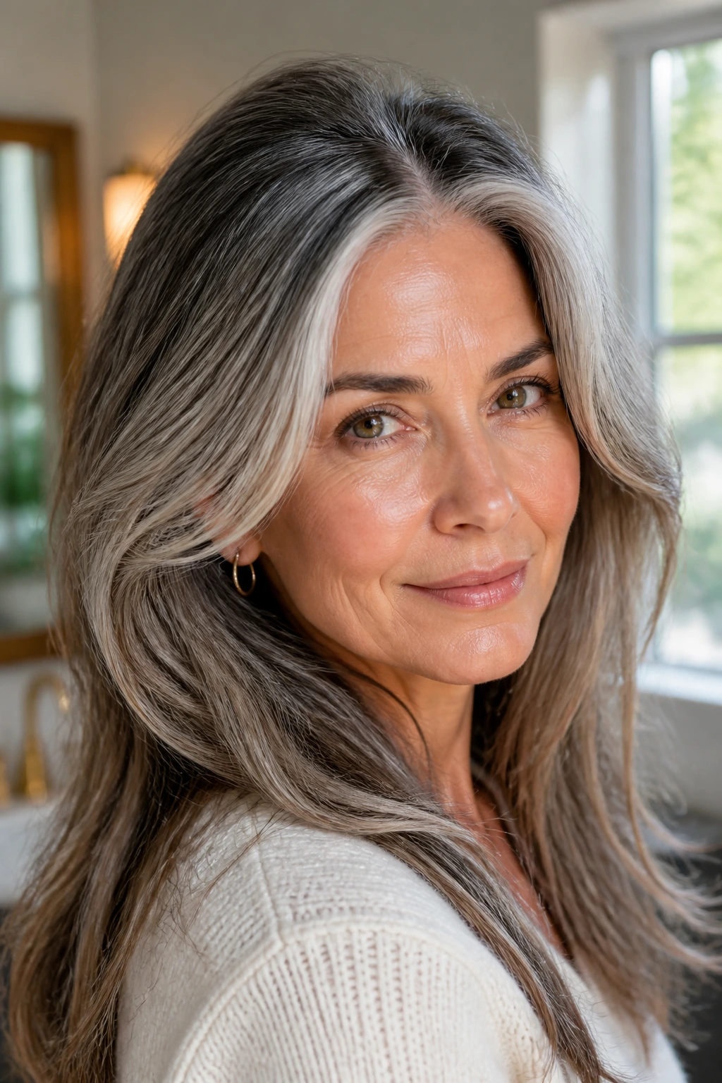 Close-up of a real woman with grey hair showing deeper roots and a light front frame in warm window light