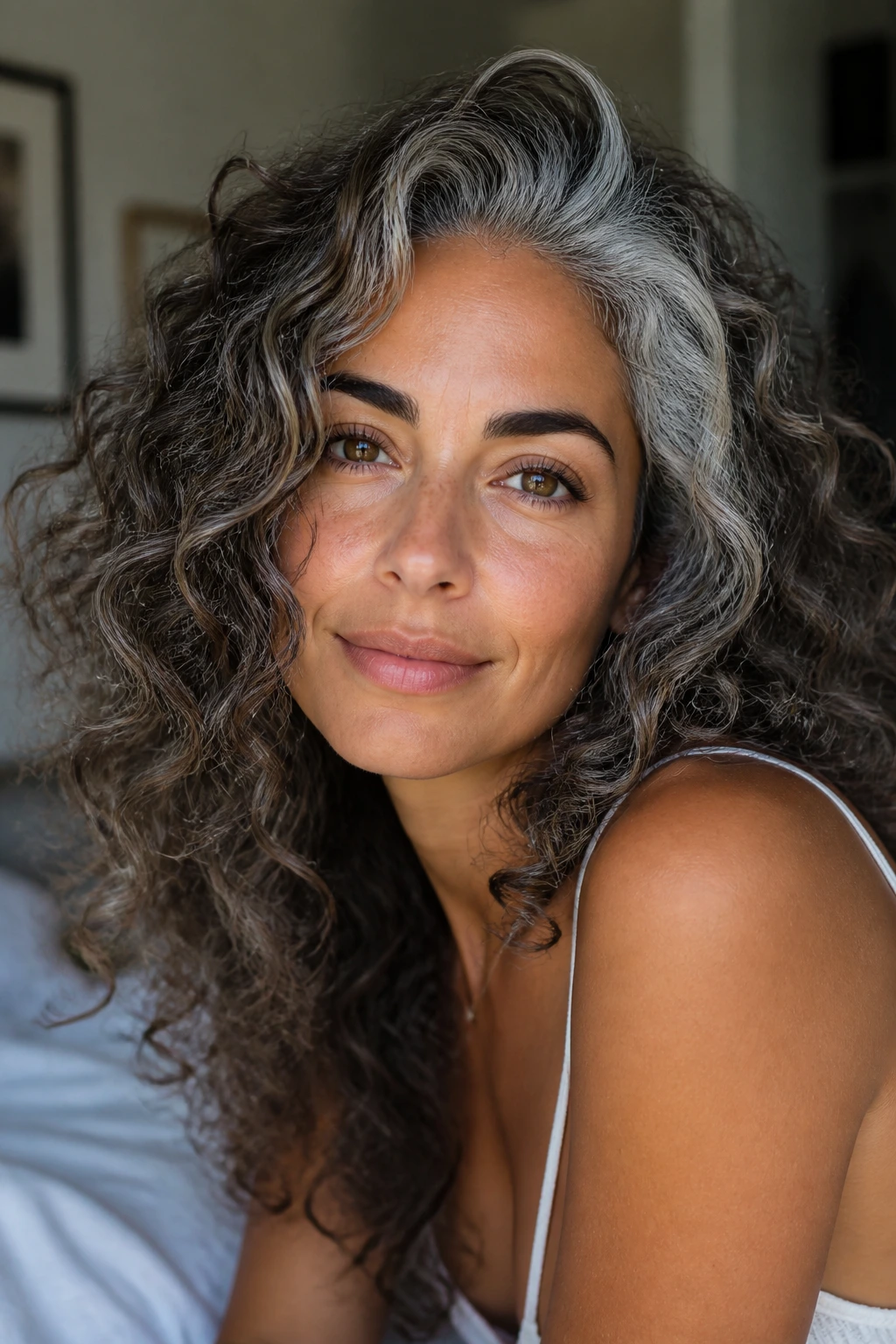 Close-up of olive-skinned woman with grey roots and loose curls in natural window light