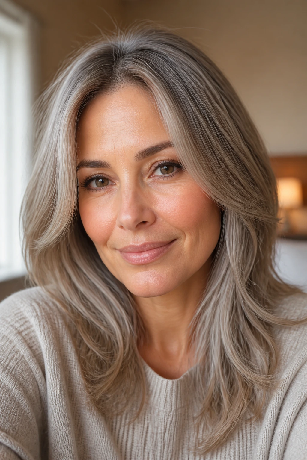 Portrait of warm-skinned woman with beige-mushroom grey hair showing soft grey tones