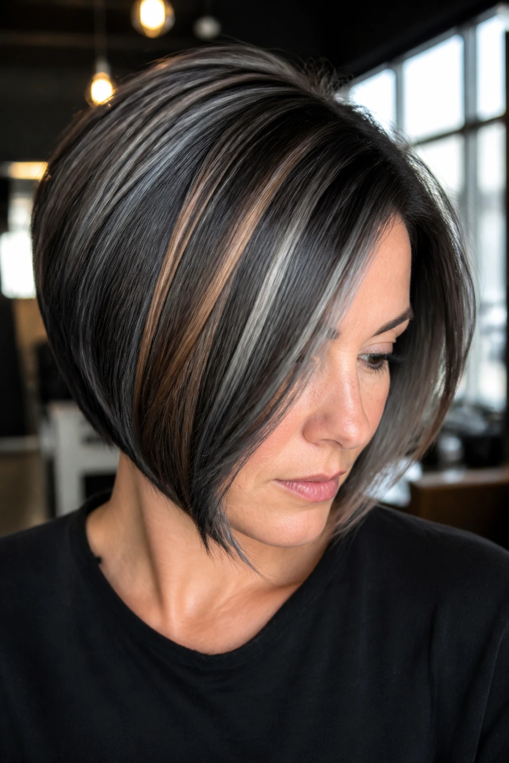 Close-up of a woman with a disconnected bob featuring bold grey slice highlights and caramel ribbons on dark hair