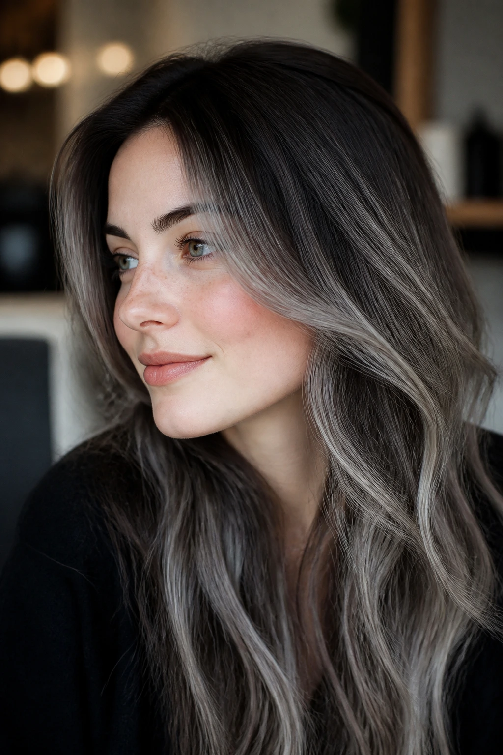 Close-up portrait showing smoky grey-dark transition on fair skin.