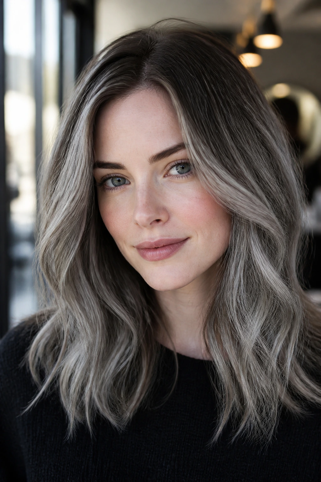 Close-up of a real woman displaying soft smoke grey highlights with a rooted base.