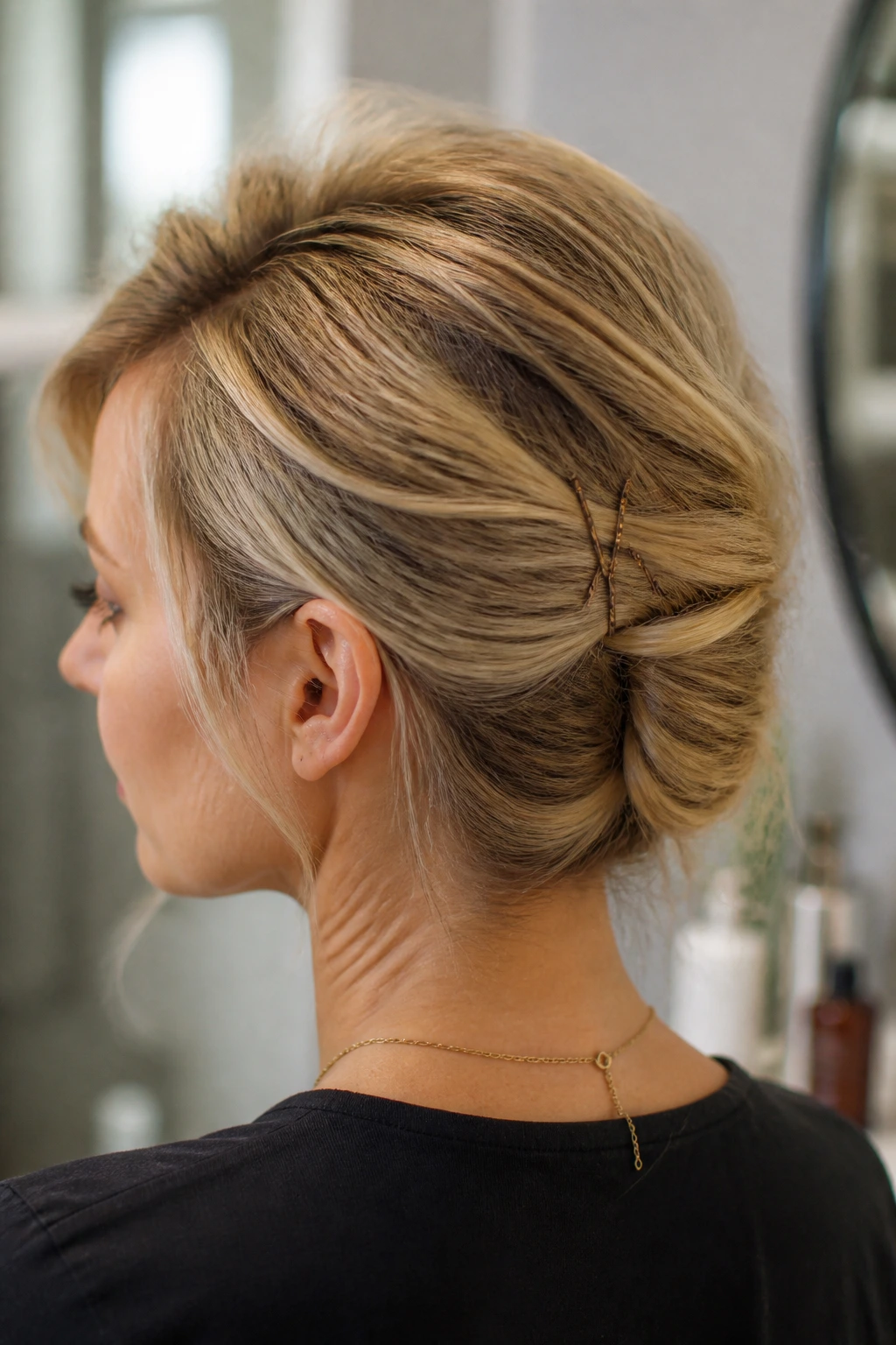 Crown texture with bobby pins crossed in an X providing grip for fine hair