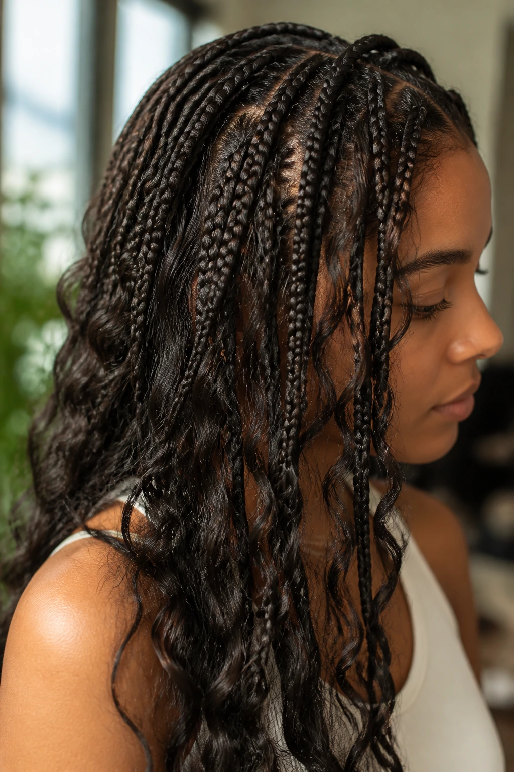 Close-up of glossy, grippy boho braid showing movement