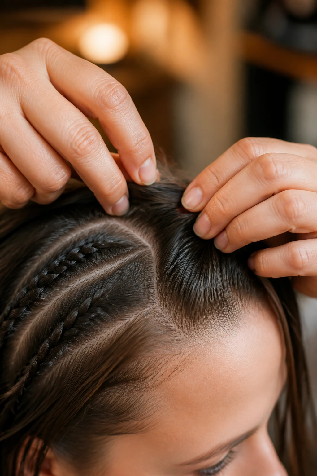 Hands gripping fine hair at the crown to show grip tricks