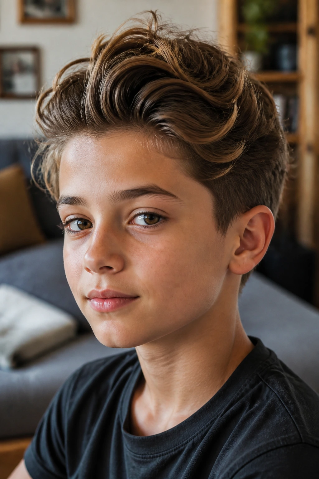 Close-up portrait of a real boy with grow-back top knot cut, long top and trimmed sides