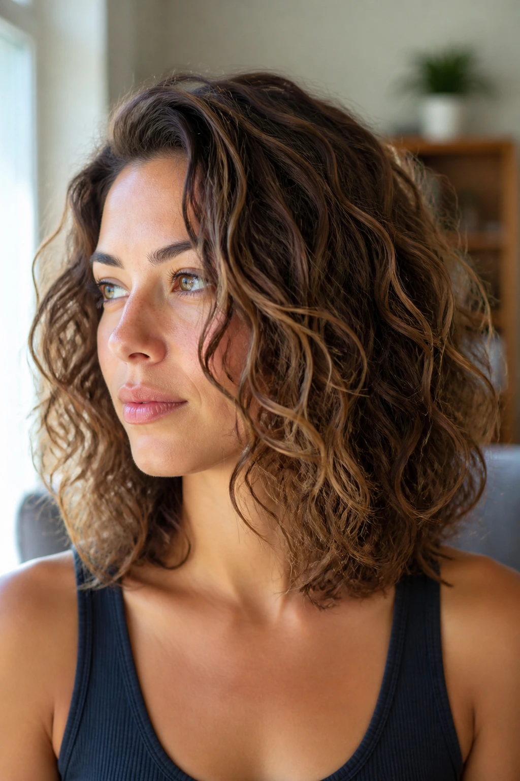 Close-up of a real woman's grow-out angled curl hairstyle in a sunlit living room