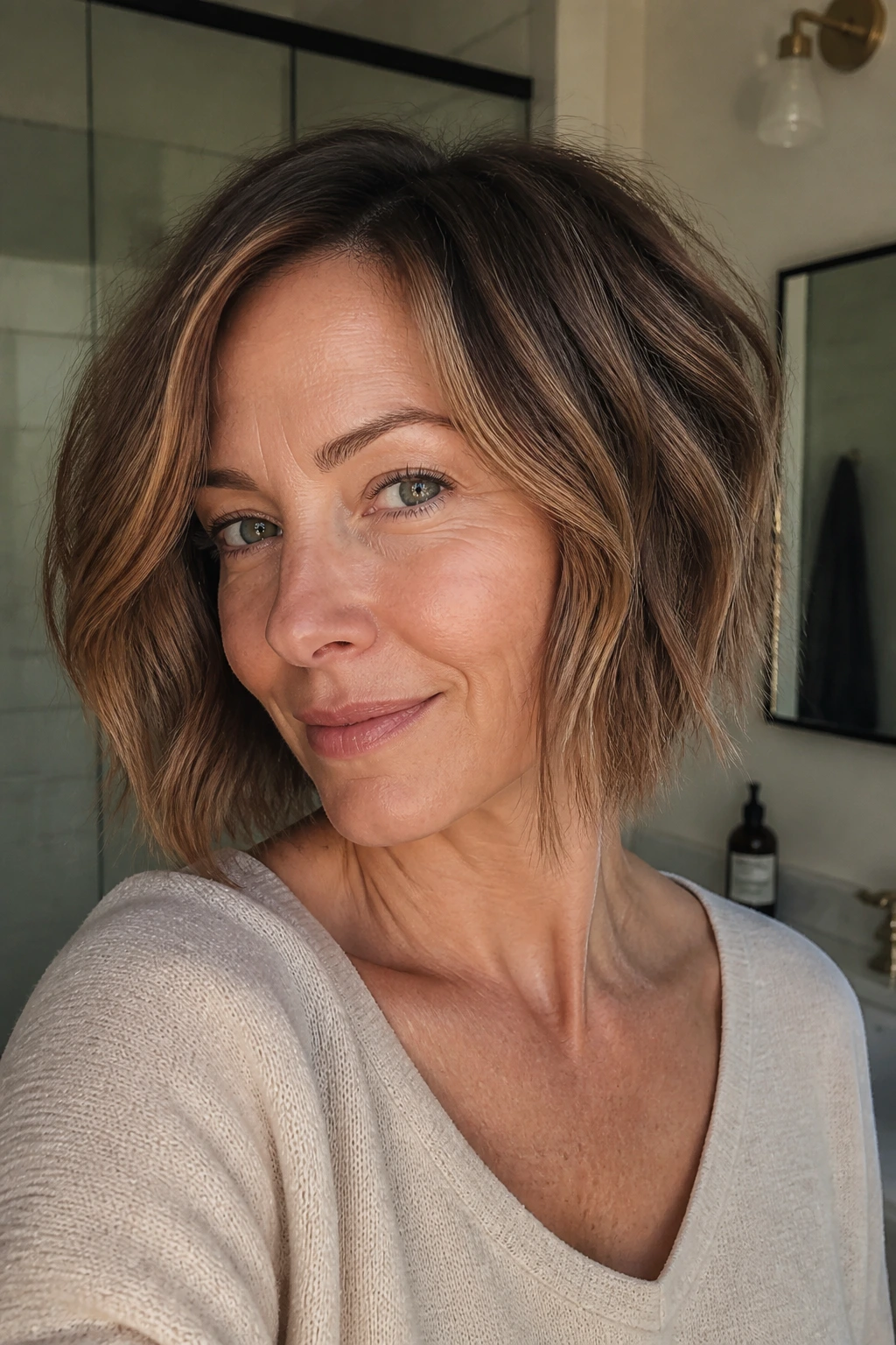 Real woman with a grow-out angled bob in a warm morning setting