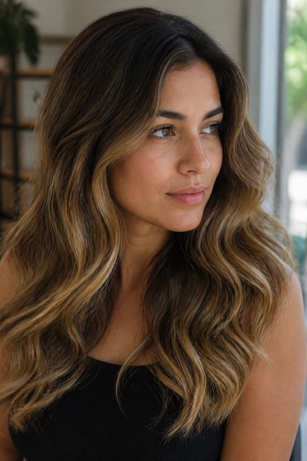 Portrait of a real woman showing a graceful balayage grow-out