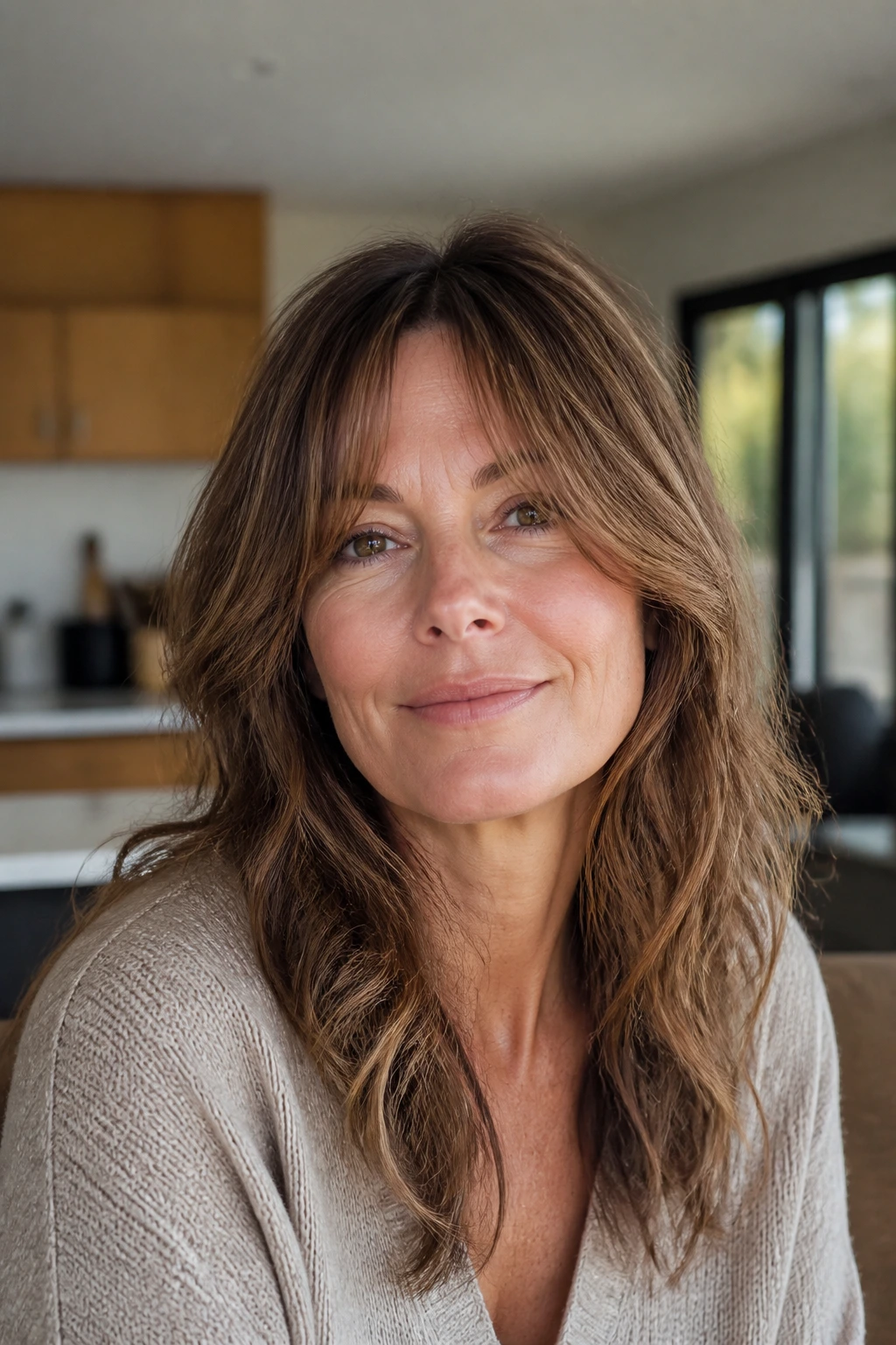 Close-up of a real woman with grow-out bangs framing her face