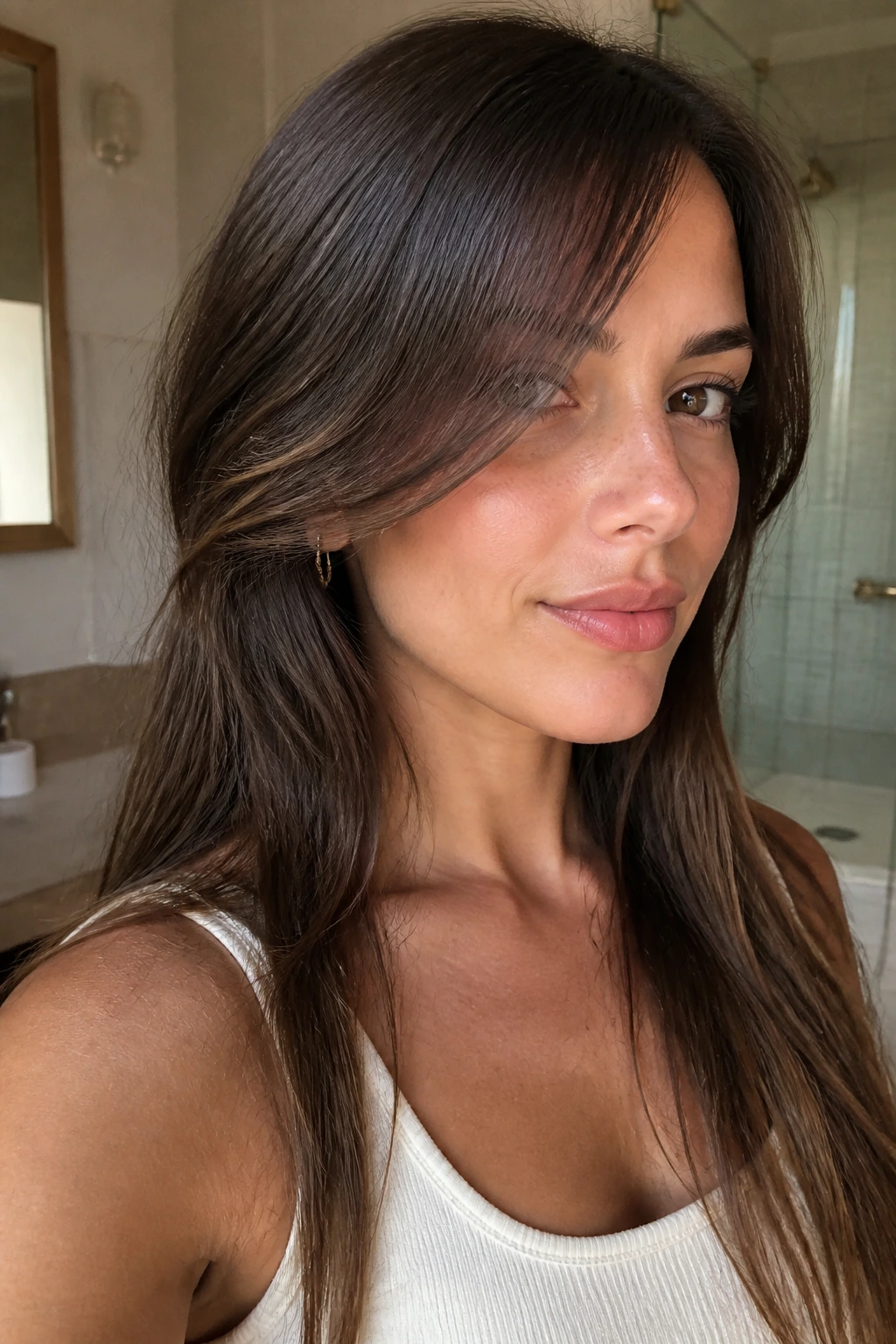 Close-up of a real person with long side-swept bangs growing out