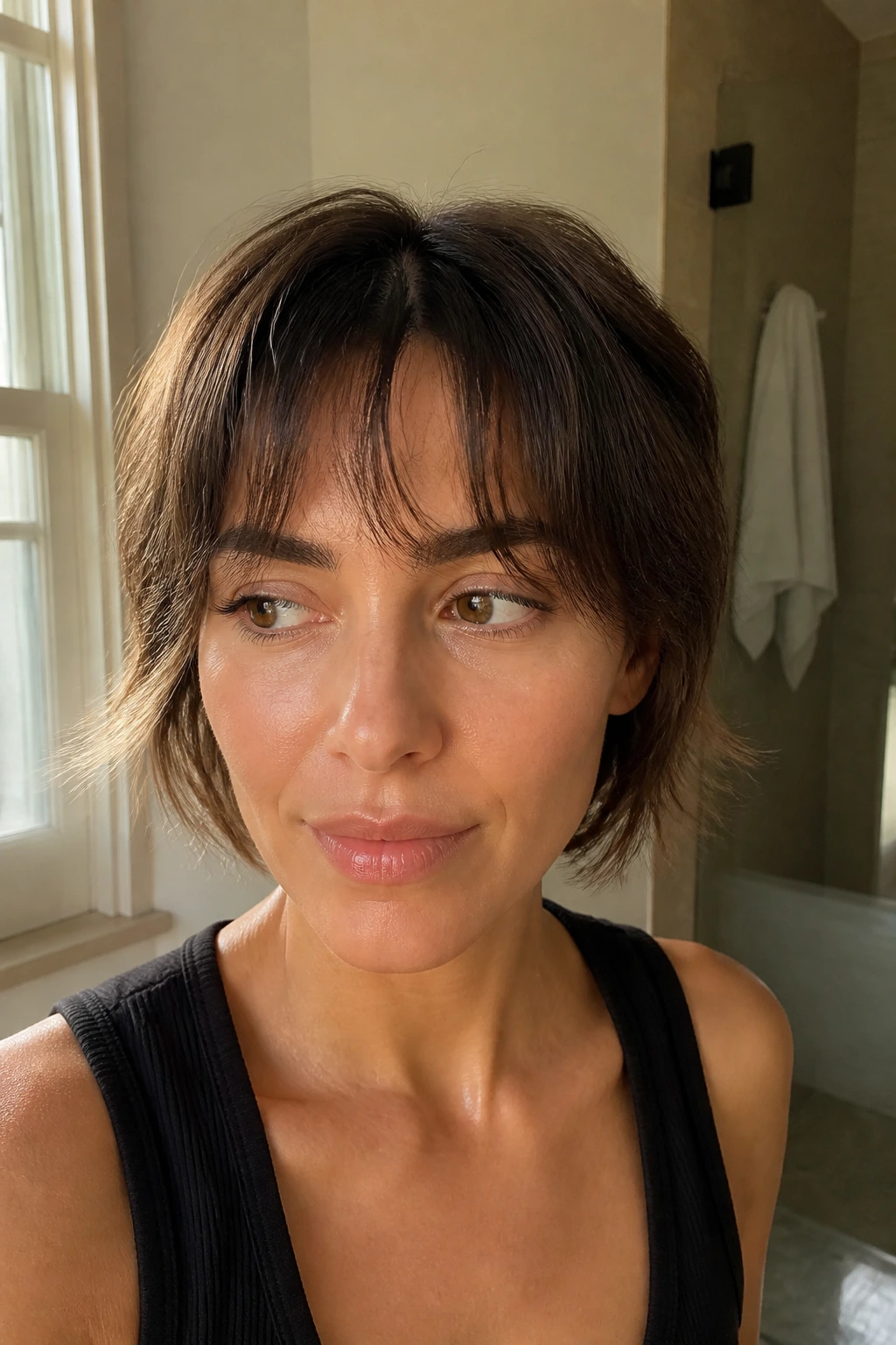 Close-up of a real person with growing-out choppy bangs in a warm bathroom setting