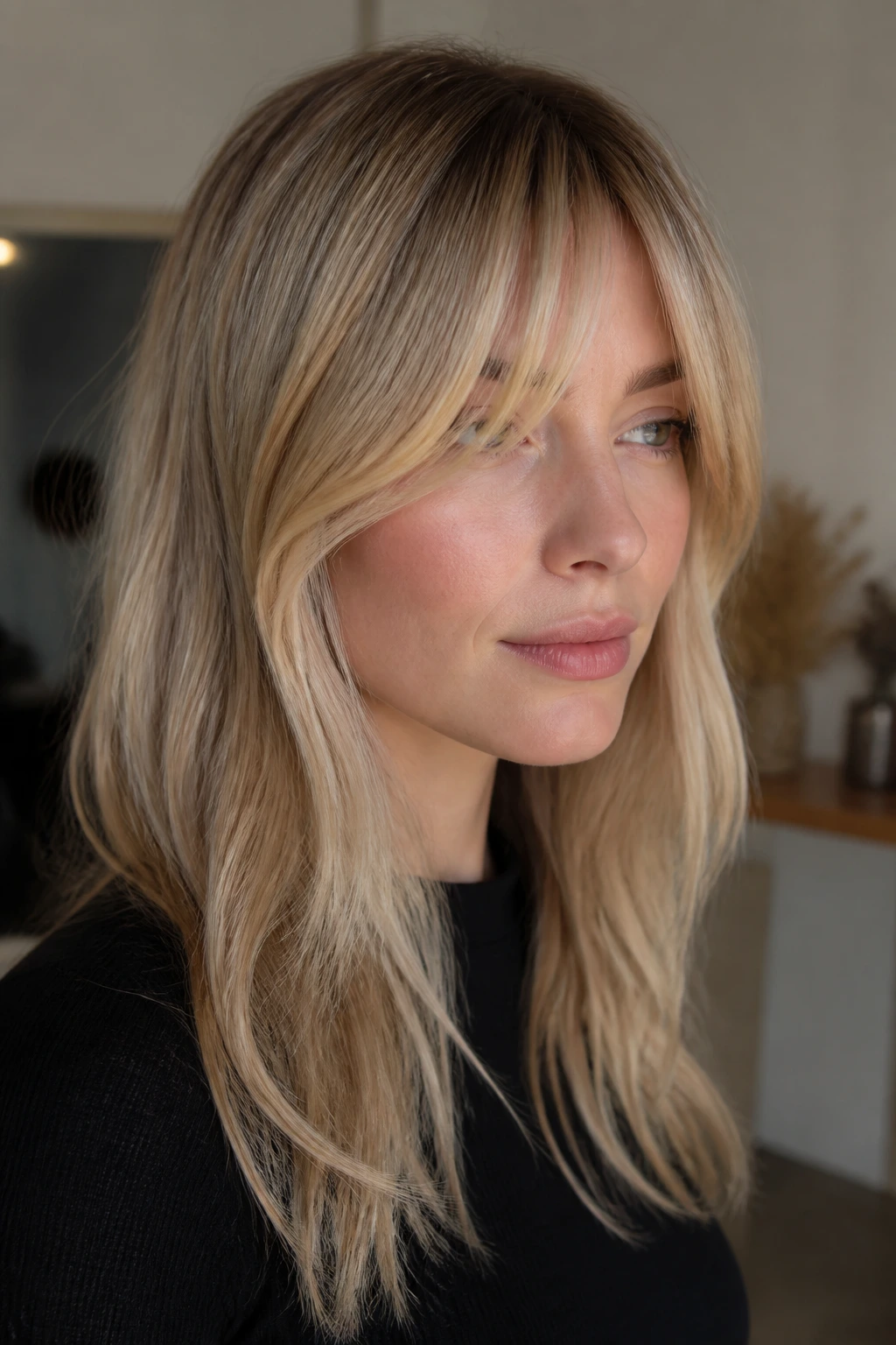Real woman with long bangs and seamless root shadow